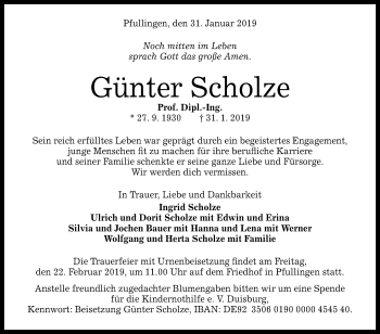 Anzeige von Günter Scholze von Reutlinger General-Anzeiger