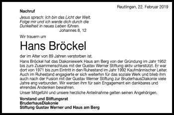 Anzeige von Hans Bröckel von Reutlinger General-Anzeiger