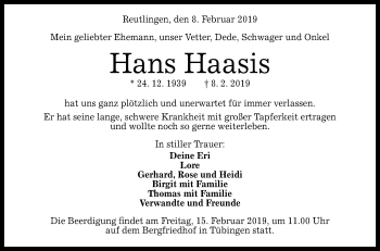 Anzeige von Hans Haasis von Reutlinger General-Anzeiger