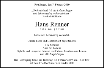 Anzeige von Hans Renner von Reutlinger General-Anzeiger