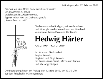 Anzeige von Hedwig Härter von Reutlinger General-Anzeiger