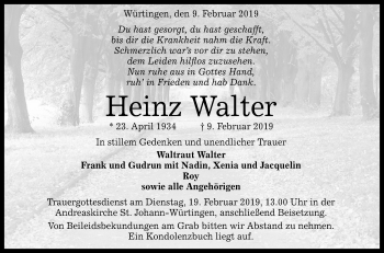 Anzeige von Heinz Walter von Reutlinger General-Anzeiger