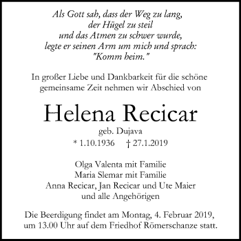 Anzeige von Helena Recicar von Reutlinger General-Anzeiger