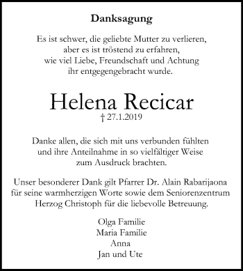 Anzeige von Helena Recicar von Reutlinger General-Anzeiger