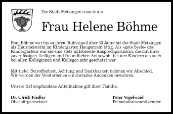 Anzeige von Helene Böhme von Reutlinger General-Anzeiger