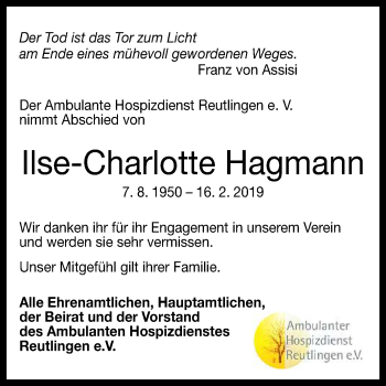 Anzeige von Ilse-Charlotte Hagmann von Reutlinger General-Anzeiger