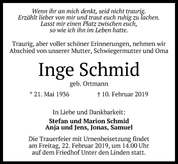 Anzeige von Inge Schmid von Reutlinger General-Anzeiger