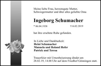 Anzeige von Ingeborg Schumacher von Reutlinger General-Anzeiger