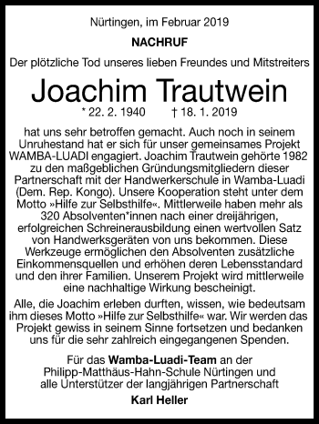 Anzeige von Joachim Trautwein von Reutlinger General-Anzeiger