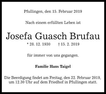 Anzeige von Josefa  Guasch Brufau von Reutlinger General-Anzeiger