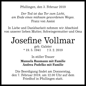Anzeige von Josefine Vollmar von Reutlinger General-Anzeiger