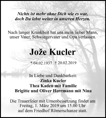 Anzeige von Joze Kucler von Reutlinger General-Anzeiger