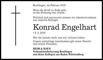 Anzeige von Konrad Engelhart von Reutlinger General-Anzeiger