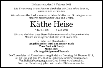 Anzeige von Käthe Heise von Reutlinger General-Anzeiger