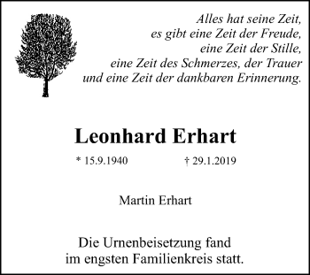 Anzeige von Leonhard Erhart von Reutlinger General-Anzeiger