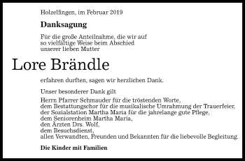 Anzeige von Lore Brändle von Reutlinger General-Anzeiger