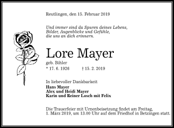 Anzeige von Lore Mayer von Reutlinger General-Anzeiger