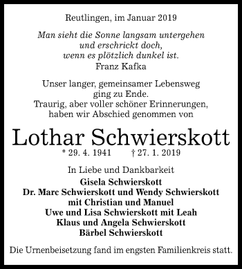 Anzeige von Lothar Schwierskott von Reutlinger General-Anzeiger