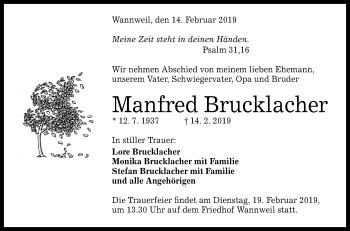 Anzeige von Manfred Brucklacher von Reutlinger General-Anzeiger