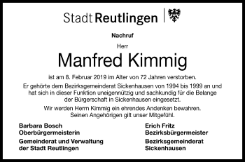 Anzeige von Manfred Kimmig von Reutlinger General-Anzeiger