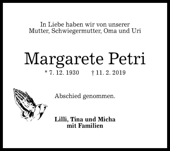 Anzeige von Margarete Petri von Reutlinger General-Anzeiger