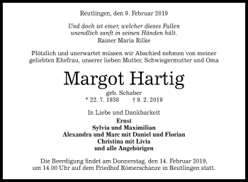 Anzeige von Margot Hartig von Reutlinger General-Anzeiger