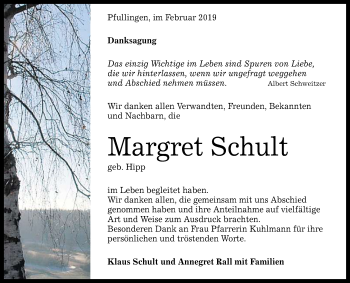 Anzeige von Margret Schult von Reutlinger General-Anzeiger