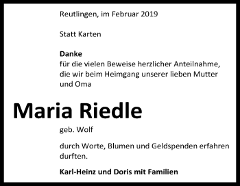 Anzeige von Maria Riedle von Reutlinger General-Anzeiger