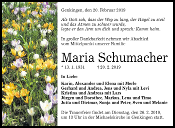 Anzeige von Maria Schumacher von Reutlinger General-Anzeiger