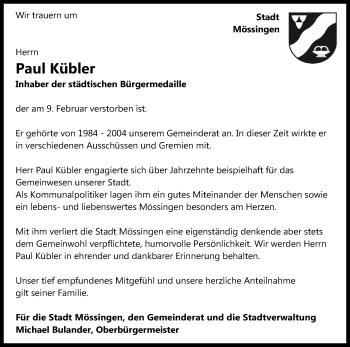 Anzeige von Paul Kübler von Reutlinger General-Anzeiger