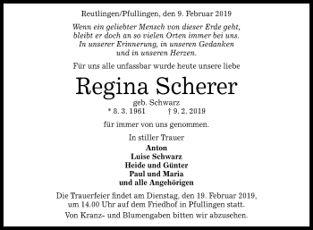 Anzeige von Regina Scherer von Reutlinger General-Anzeiger