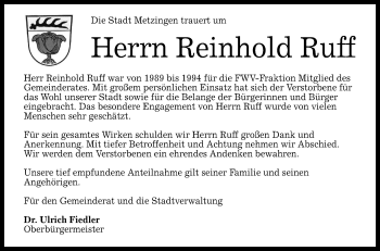 Anzeige von Reinhold Ruff von Reutlinger General-Anzeiger