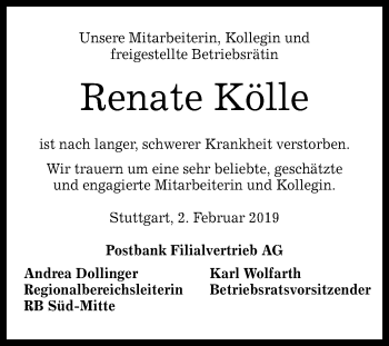 Anzeige von Renate Kölle von Reutlinger General-Anzeiger