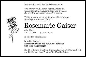 Anzeige von Rosemarie Gaiser von Reutlinger General-Anzeiger