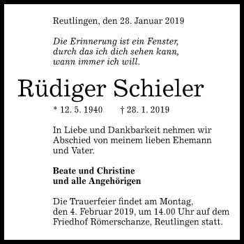 Anzeige von Rüdiger Schieler von Reutlinger General-Anzeiger