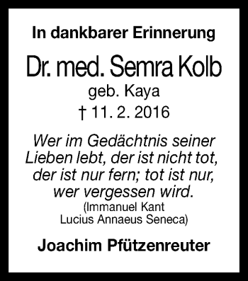 Anzeige von Semra Kolb von Reutlinger General-Anzeiger