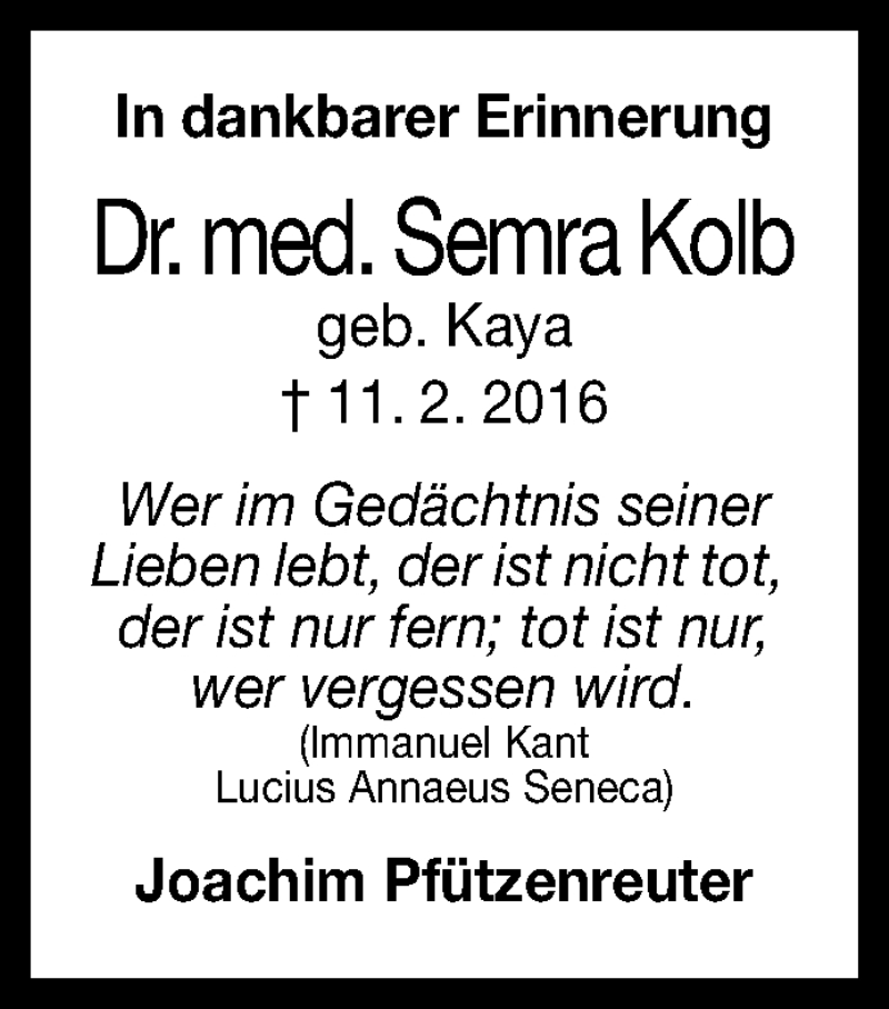  Traueranzeige für Semra Kolb vom 11.02.2019 aus Reutlinger General-Anzeiger
