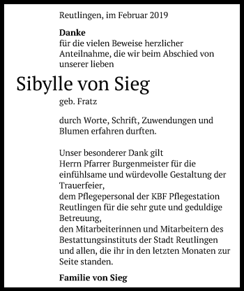 Anzeige von Sibylle von Sieg von Reutlinger General-Anzeiger
