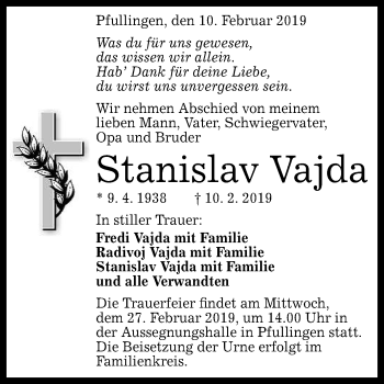 Anzeige von Stanislav Vajda von Reutlinger General-Anzeiger