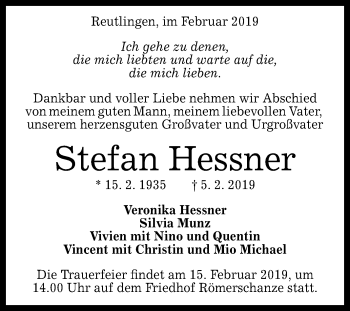 Anzeige von Stefan Hessner von Reutlinger General-Anzeiger