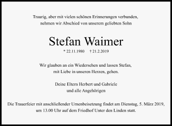 Anzeige von Stefan Waimer von Reutlinger General-Anzeiger