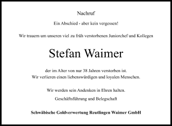 Anzeige von Stefan Waimer von Reutlinger General-Anzeiger
