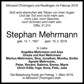 Anzeige von Stephan Mehrmann von Reutlinger General-Anzeiger