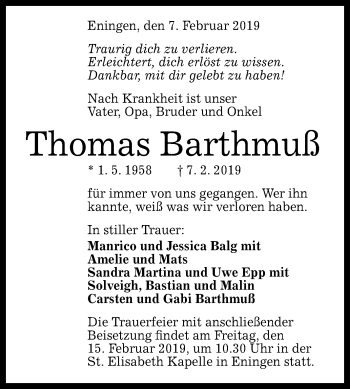 Anzeige von Thomas Barthmuß von Reutlinger General-Anzeiger