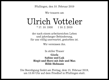 Anzeige von Ulrich Votteler von Reutlinger General-Anzeiger