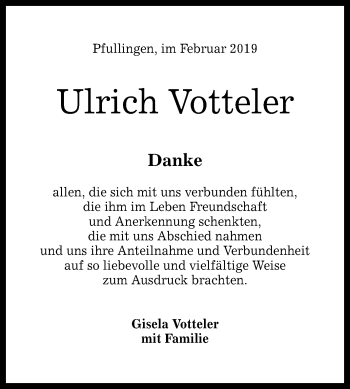 Anzeige von Ulrich Votteler von Reutlinger General-Anzeiger