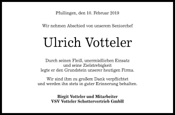 Anzeige von Ulrich Votteler von Reutlinger General-Anzeiger