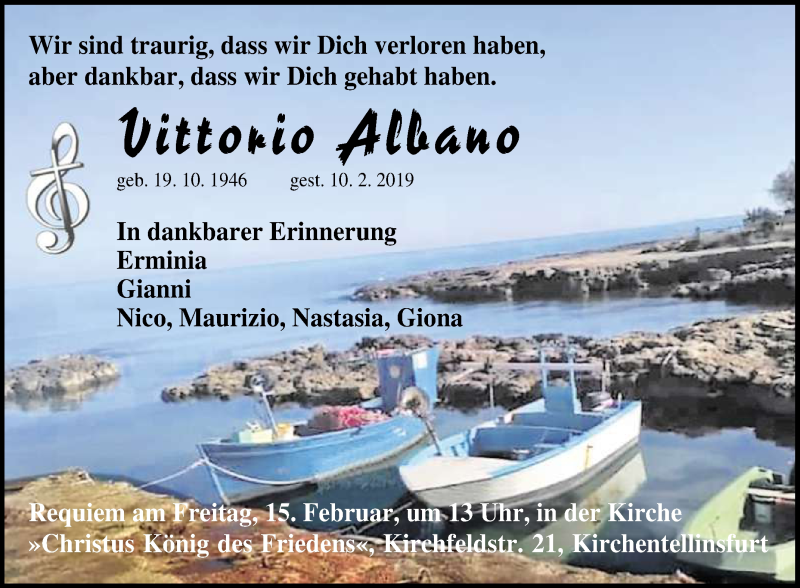  Traueranzeige für Vittorio Albano vom 13.02.2019 aus Reutlinger General-Anzeiger