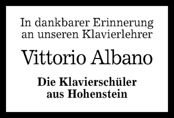 Anzeige von Vittorio Albano von Reutlinger General-Anzeiger