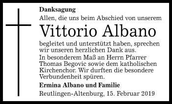 Anzeige von Vittorio Albano von Reutlinger General-Anzeiger